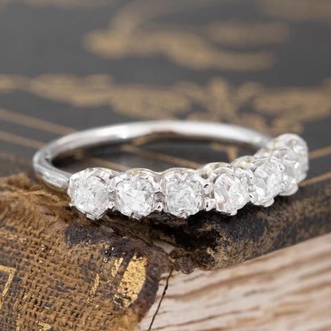 Historic style 1.04ctw Old Mine Cut Diamond 7-Stone Band wedding band with Old Mine Cut Diamonds, unique heirloom in platinum