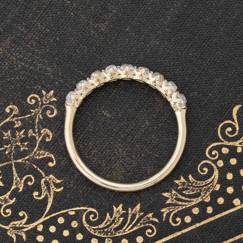 Side view of 1.04ctw Old Mine Cut Diamond Half-Hoop Band, vintage-inspired band with Old Mine Cut Diamonds, crafted in yellow gold