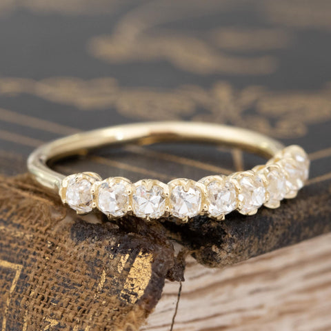 Historic style 1.04ctw Old Mine Cut Diamond Half-Hoop Band wedding band with Old Mine Cut Diamonds, unique heirloom in yellow gold