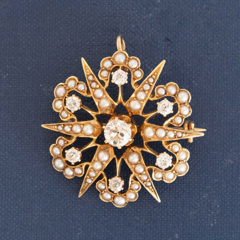1.05ctw Antique Old European Cut Diamond & Pearl Star Brooch/Pendant
