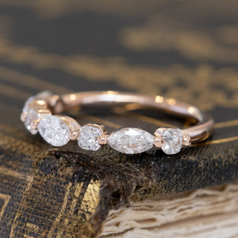Antique lovers’ 1.05ctw Mixed Marquise & Old Mine Cut Diamond Band in rose gold, featuring rare Earth-mined Old Mine Cut Diamonds