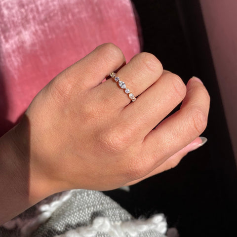Elegant 1.05ctw Mixed Marquise & Old Mine Cut Diamond Band, romantic design with Old Mine Cut Diamonds, Earth-mined diamonds in rose gold shown on ring finger