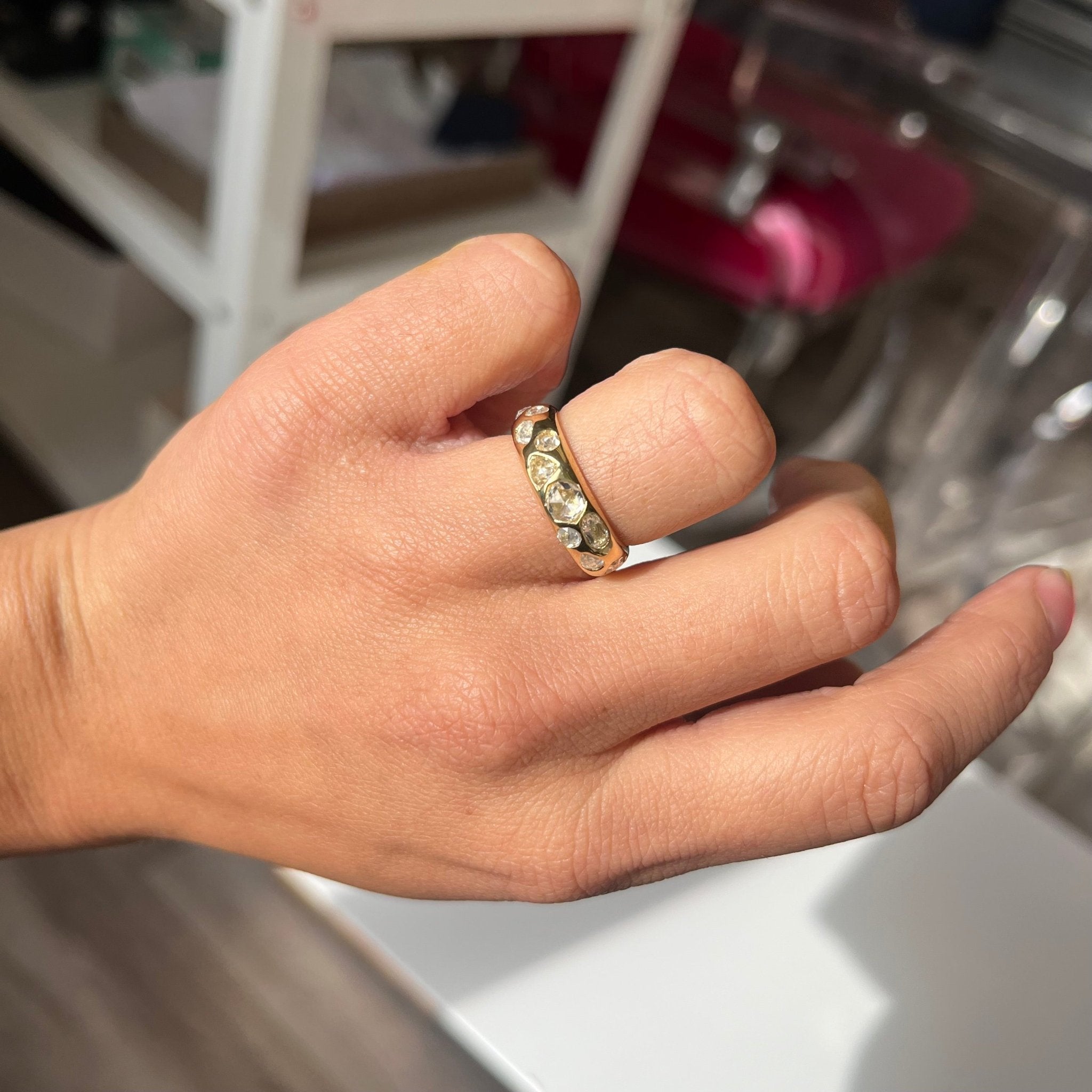 Elegant 1.05ctw Mixed Rose Cut Diamond Scatter Band, romantic design with Antique Diamonds, Earth-mined diamonds in yellow gold shown on ring finger