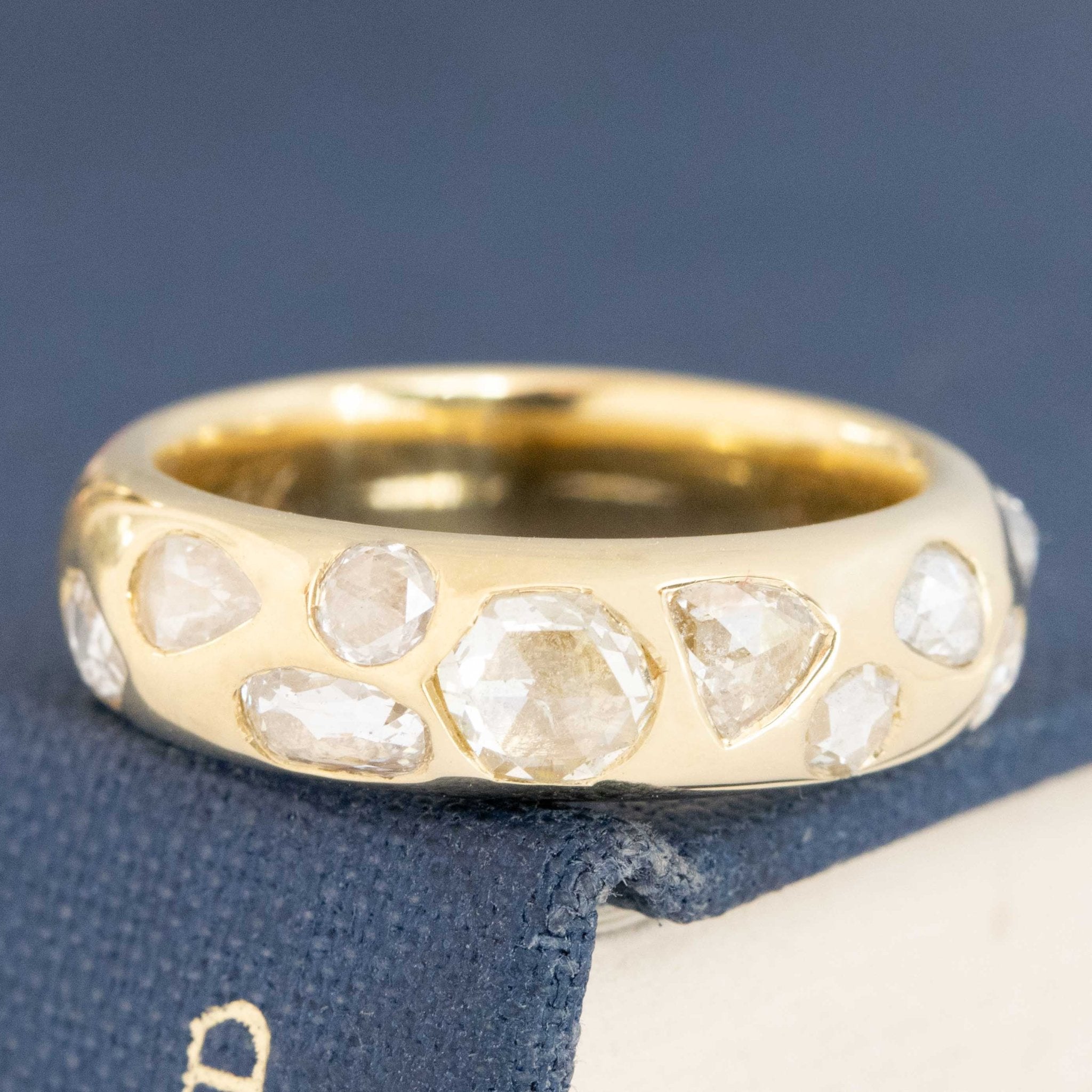 1.05ctw Mixed Rose Cut Diamond Scatter Band with Antique Diamonds in yellow gold, antique-inspired one-of-a-kind wedding band
