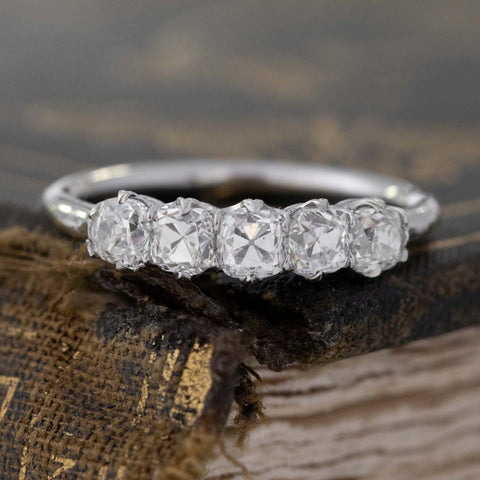 1.05ctw Old Mine Cut Diamond 5-Stone Band with Old Mine Cut Diamonds in platinum, antique-inspired one-of-a-kind wedding band