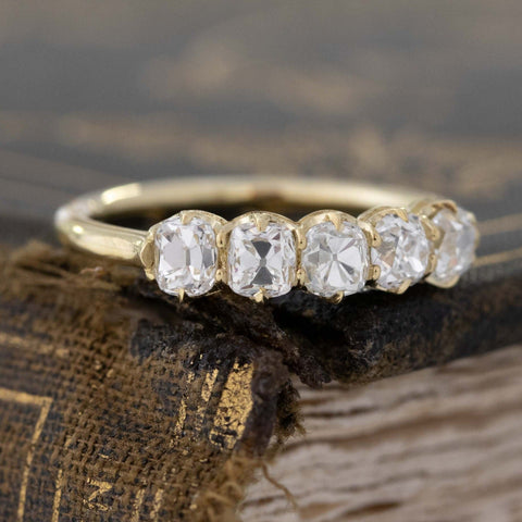 Historic style 1.05ctw Old Mine Cut Diamond 5-Stone Band wedding band with Old Mine Cut Diamonds, unique heirloom in yellow gold