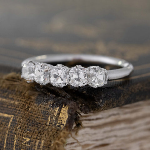 Antique lovers’ 1.05ctw Old Mine Cut Diamond 5-Stone Band in platinum, featuring rare Earth-mined Old Mine Cut Diamonds