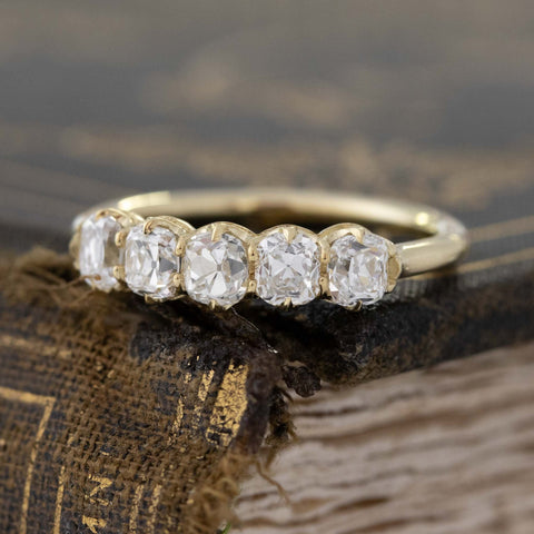 Antique lovers’ 1.05ctw Old Mine Cut Diamond 5-Stone Band in yellow gold, featuring rare Earth-mined Old Mine Cut Diamonds