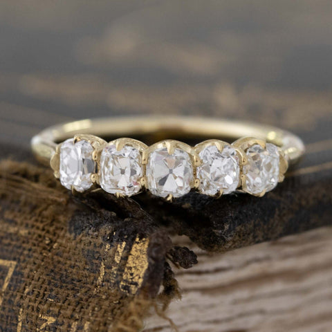 1.05ctw Old Mine Cut Diamond 5-Stone Band with Old Mine Cut Diamonds in yellow gold, antique-inspired one-of-a-kind wedding band