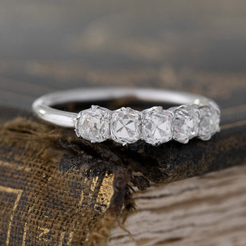 Historic style 1.05ctw Old Mine Cut Diamond 5-Stone Band wedding band with Old Mine Cut Diamonds, unique heirloom in platinum
