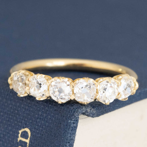 1.05ctw Old Mine Cut Diamond 6-Stone Band with Old Mine Cut Diamonds in yellow gold, antique-inspired one-of-a-kind wedding band