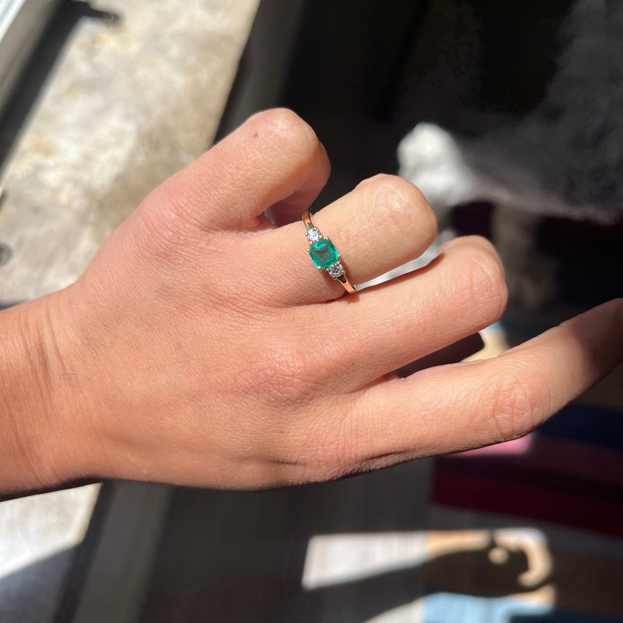 1.05ctw Step Cut Emerald & Diamond Trilogy Ring