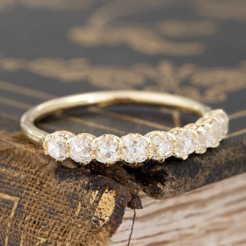 Historic style 1.06ctw Old Mine Cut Diamond Half-Hoop Band wedding band with Old Mine Cut Diamonds, unique heirloom in yellow gold