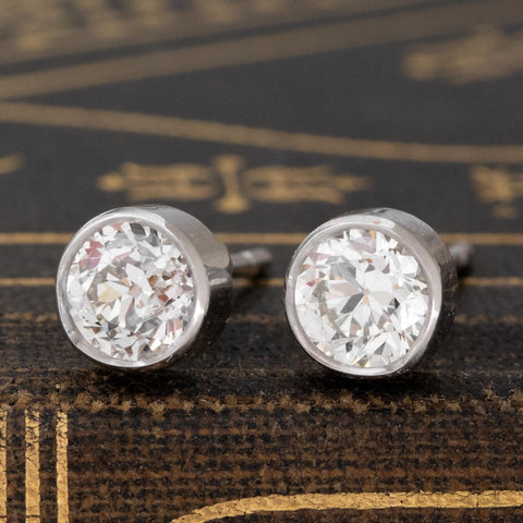 1.07ctw Old European Cut Diamond Bezel Stud Earrings
