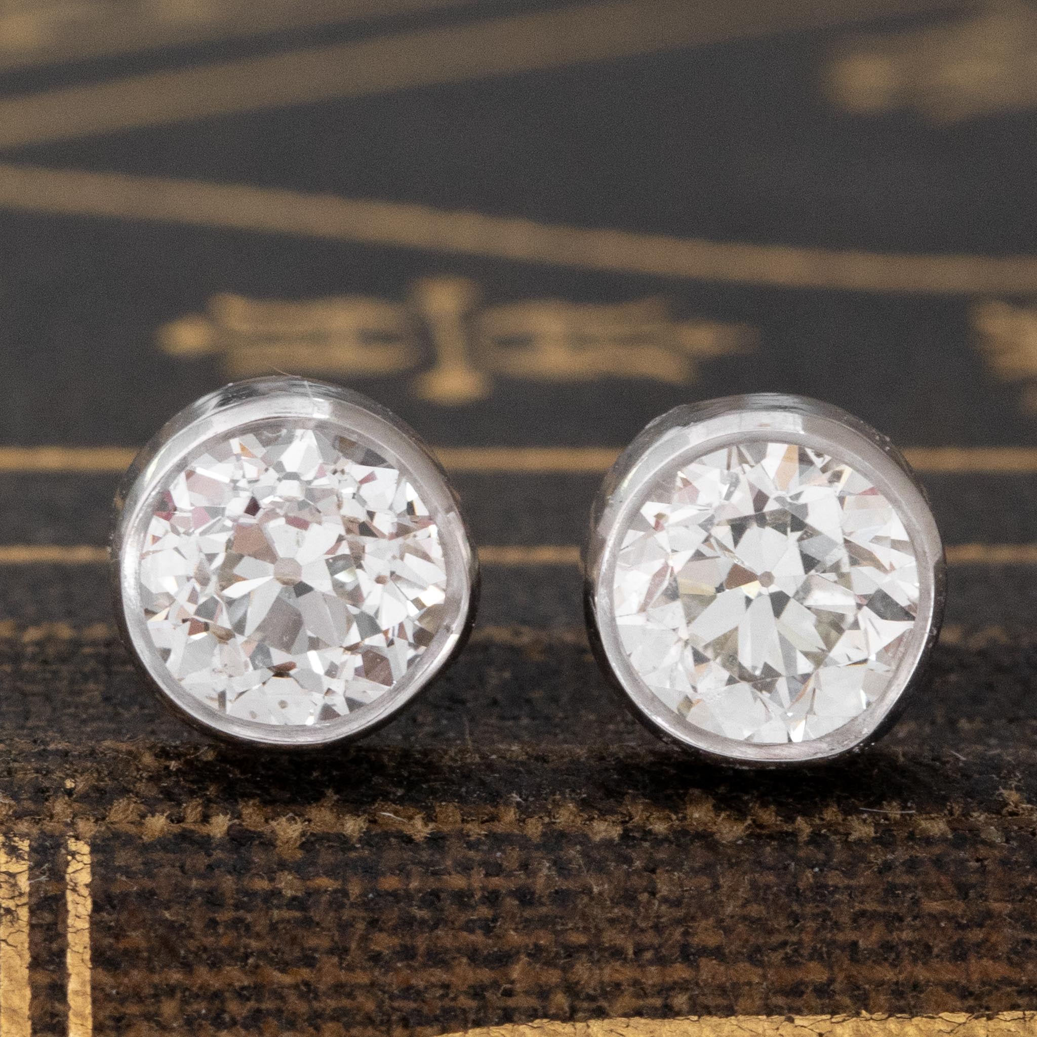 1.07ctw Old European Cut Diamond Bezel Stud Earrings