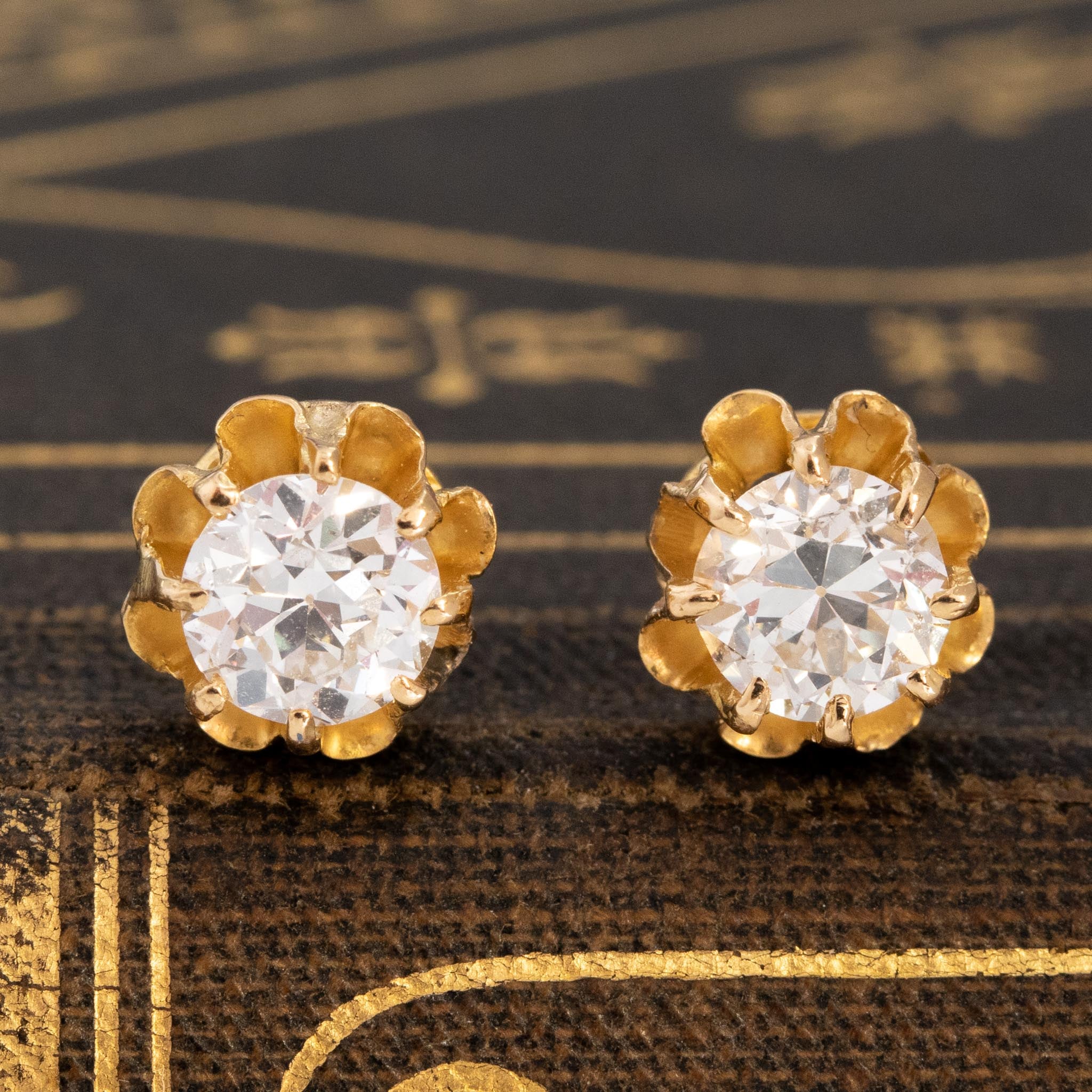 1.07ctw Old European Cut Diamond Buttercup Stud Earrings - 18kt yellow gold, 14kt yellow gold posts.