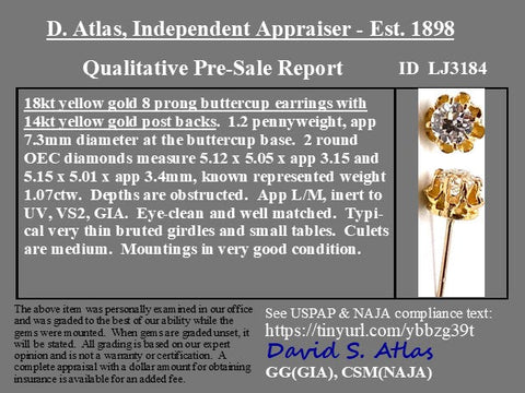 Appraiser Certification  Old European Cut Diamond Buttercup Stud Earrings