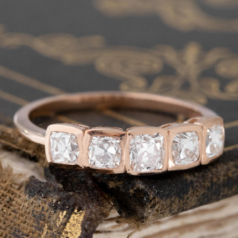 Antique lovers’ 1.07ctw Old Mine Cut Diamond 5-Stone Bezel Band in rose gold, featuring rare Earth-mined Old Mine Cut Diamonds
