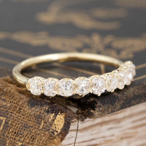 Historic style 1.07ctw Old Mine Cut Diamond Half-Hoop Band wedding band with Old Mine Cut Diamonds, unique heirloom in yellow gold