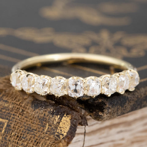 1.07ctw Old Mine Cut Diamond Half-Hoop Band with Old Mine Cut Diamonds in yellow gold, antique-inspired one-of-a-kind wedding band