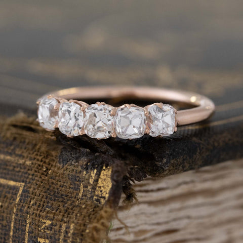 Antique lovers’ 1.08ctw Old Mine Cut Diamond 5-Stone Band in rose gold, featuring rare Earth-mined Old Mine Cut Diamonds