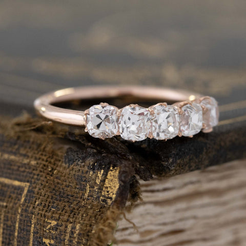 Historic style 1.08ctw Old Mine Cut Diamond 5-Stone Band wedding band with Old Mine Cut Diamonds, unique heirloom in rose gold