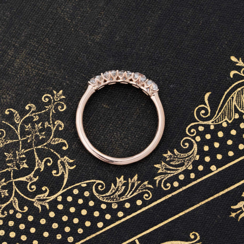 Side view of 1.08ctw Old Mine Cut Diamond 5-Stone Band, vintage-inspired band with Old Mine Cut Diamonds, crafted in rose gold