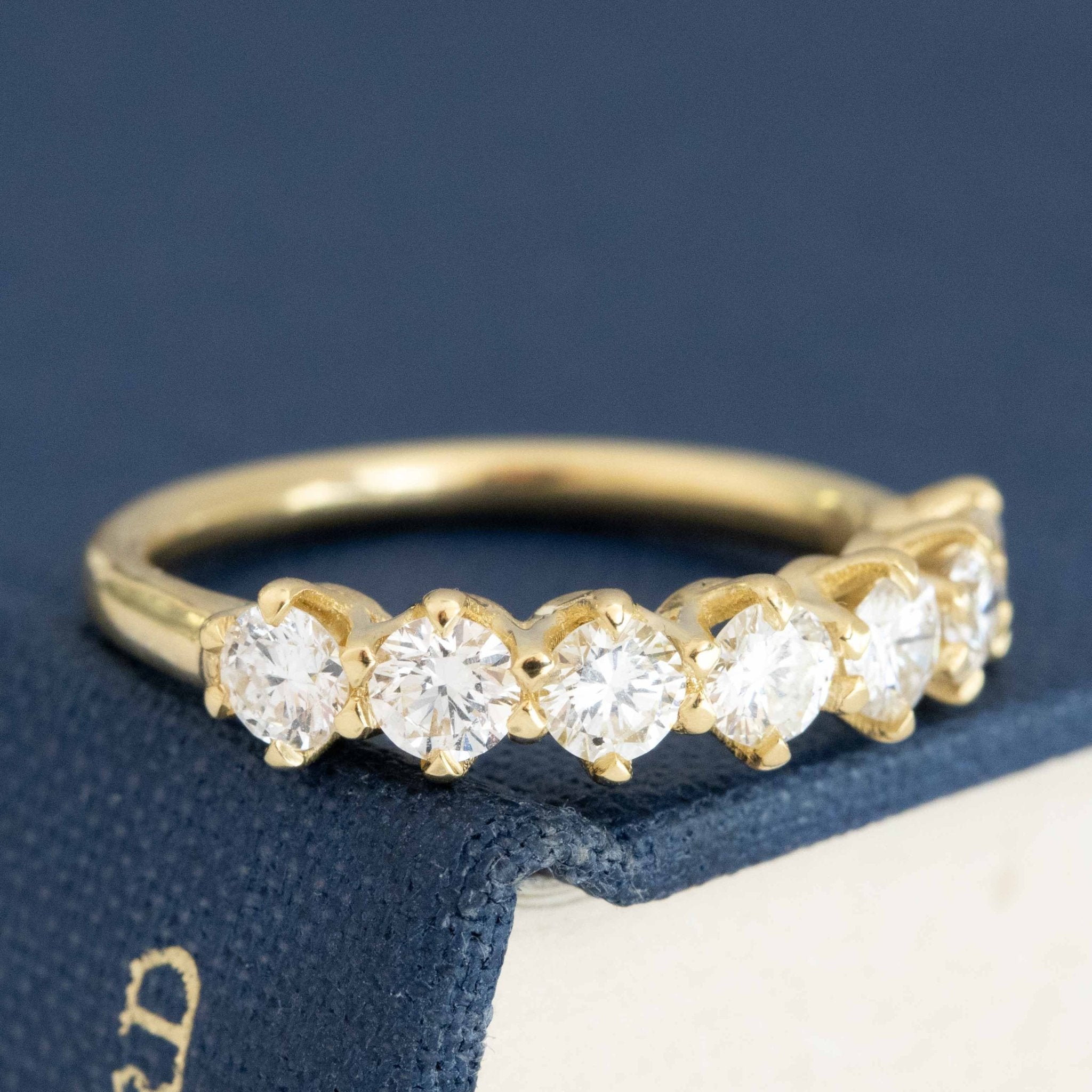 Side view of 1.08ctw Round Brilliant Cut Diamond Half-Hoop Band, natural Earth-mined Antique Diamonds in yellow gold