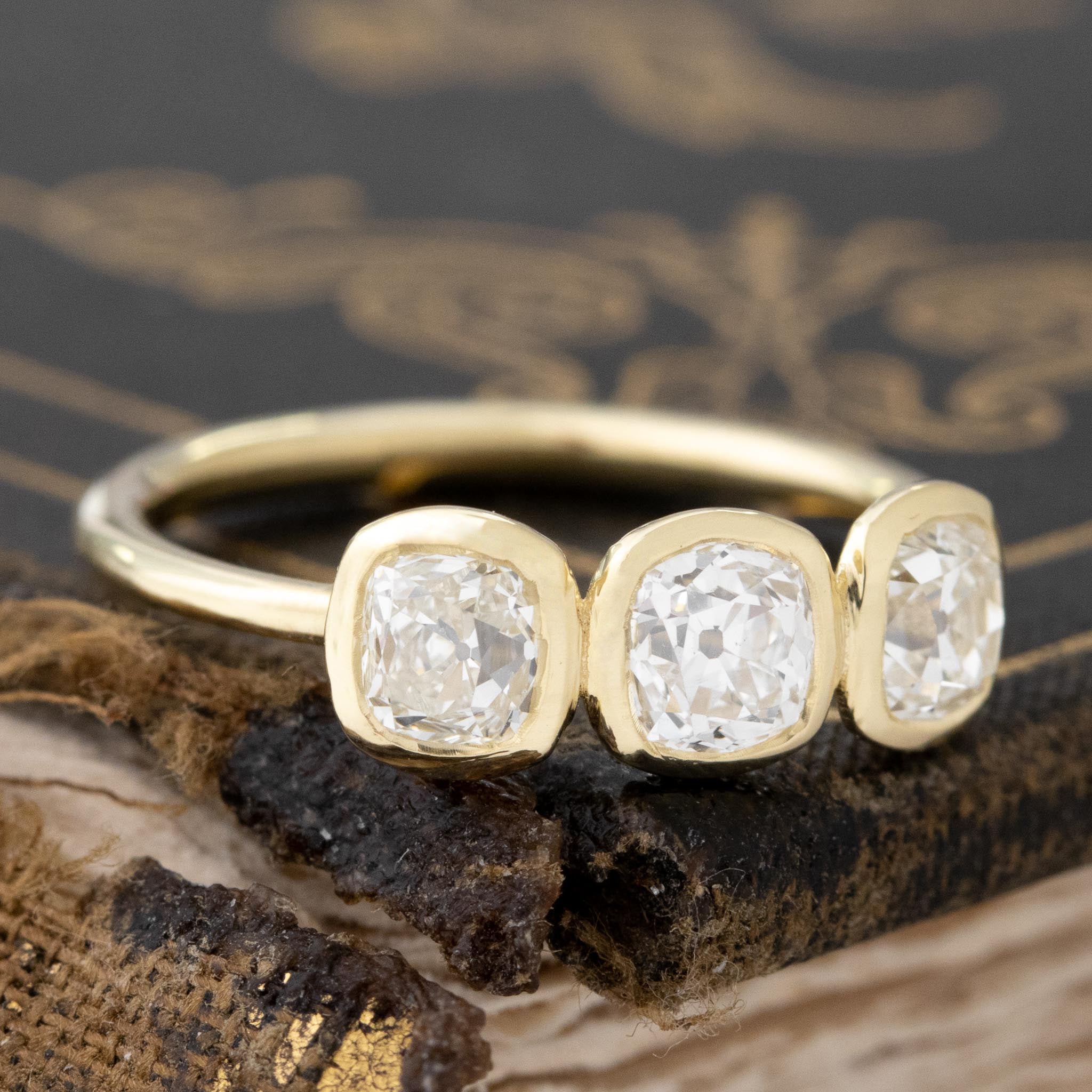 Old Mine Cut Diamond Bezel Trilogy Ring