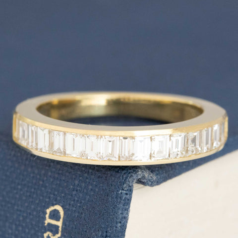 1.10ctw Baguette Cut Diamond Channel Set Band with Baguette Cut Diamonds in yellow gold, antique-inspired one-of-a-kind wedding band