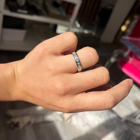 Elegant 1.10ctw French Baguette Cut Diamond Half Eternity Band, romantic design with Baguette Cut Diamonds, Earth-mined diamonds in platinum shown on ring finger