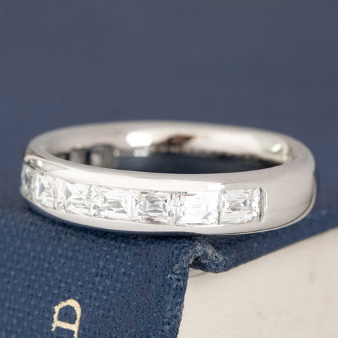 Antique lovers’ 1.10ctw French Baguette Cut Diamond Half Eternity Band in platinum, featuring rare Earth-mined Baguette Cut Diamonds