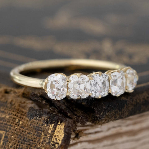 Historic style 1.10ctw Old Mine Cut Diamond 5-Stone Band wedding band with Old Mine Cut Diamonds, unique heirloom in yellow gold