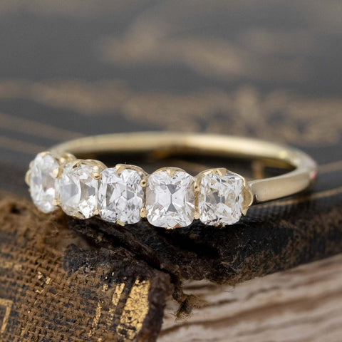 Antique lovers’ 1.10ctw Old Mine Cut Diamond 5-Stone Band in yellow gold, featuring rare Earth-mined Old Mine Cut Diamonds