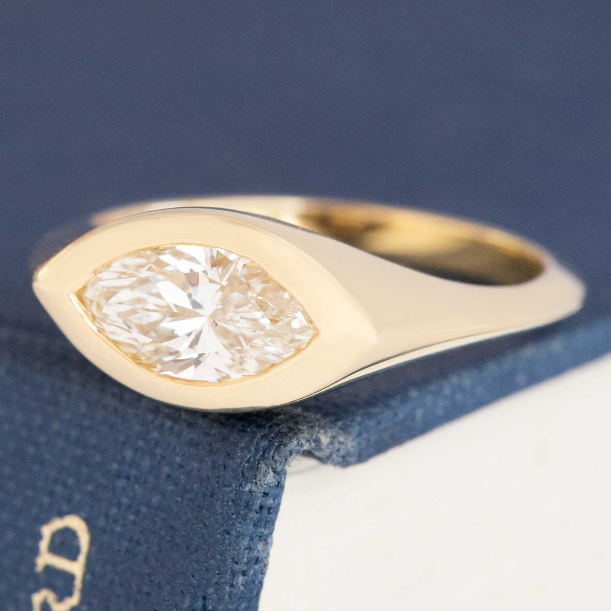 Side profile of East-West bezel solitaire ring, showing tapered shank and bezel