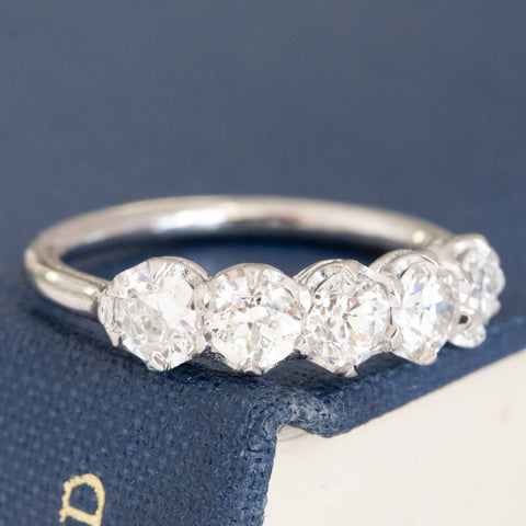 Historic style 1.11ctw Old European Cut Diamond 5-Stone Band wedding band with Old European Cut Diamonds, unique heirloom in platinum