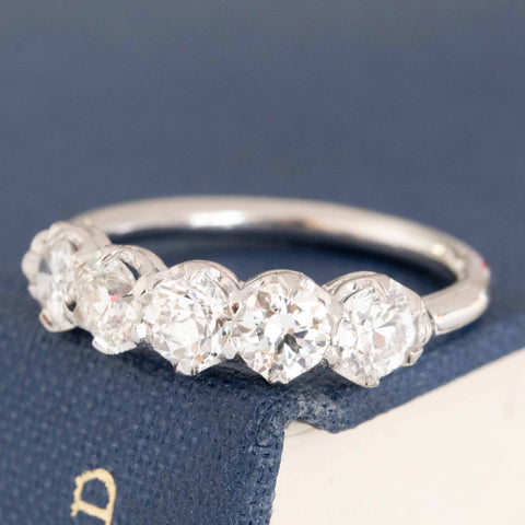 Antique lovers’ 1.11ctw Old European Cut Diamond 5-Stone Band in platinum, featuring rare Earth-mined Old European Cut Diamonds