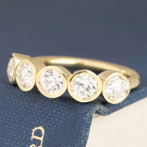 Antique lovers’ 1.11ctw Old European Cut Diamond 5-Stone Bezel Band in yellow gold, featuring rare Earth-mined Old European Cut Diamonds