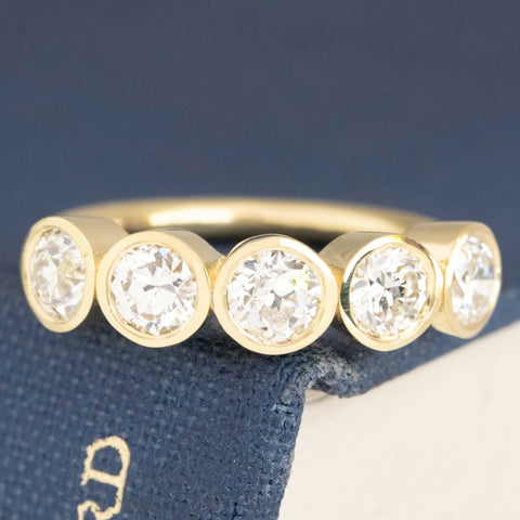 1.11ctw Old European Cut Diamond 5-Stone Bezel Band with Old European Cut Diamonds in yellow gold, antique-inspired one-of-a-kind wedding band