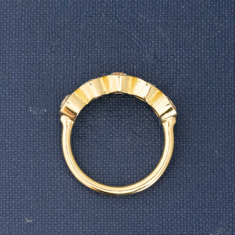 Side view of 1.11ctw Old European Cut Diamond 5-Stone Bezel Band, natural Earth-mined Old European Cut Diamonds in yellow gold