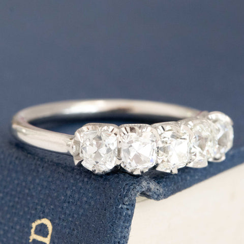 Historic style 1.11ctw Old Mine Cut Diamond 5-Stone Half-Hoop Band wedding band with Old Mine Cut Diamonds, unique heirloom in platinum