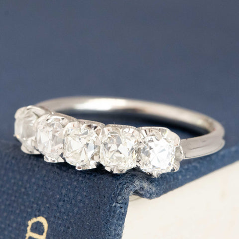 Antique lovers’ 1.11ctw Old Mine Cut Diamond 5-Stone Half-Hoop Band in platinum, featuring rare Earth-mined Old Mine Cut Diamonds