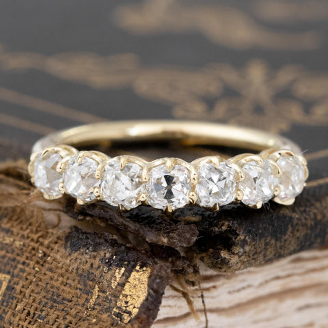 1.11ctw Old Mine Cut Diamond 7-Stone Band with Old Mine Cut Diamonds in yellow gold, antique-inspired one-of-a-kind wedding band