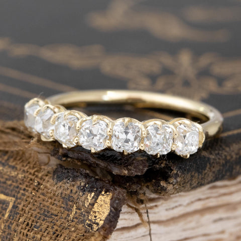 Antique lovers’ 1.11ctw Old Mine Cut Diamond 7-Stone Band in yellow gold, featuring rare Earth-mined Old Mine Cut Diamonds