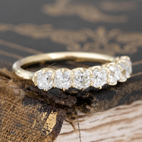 Historic style 1.11ctw Old Mine Cut Diamond 7-Stone Band wedding band with Old Mine Cut Diamonds, unique heirloom in yellow gold