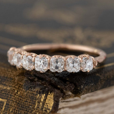 Antique lovers’ 1.11ctw Old Mine Cut Diamond 7-Stone Half-Hoop Band in rose gold, featuring rare Earth-mined Old Mine Cut Diamonds