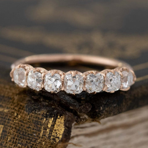 1.11ctw Old Mine Cut Diamond 7-Stone Half-Hoop Band with Old Mine Cut Diamonds in rose gold, antique-inspired one-of-a-kind wedding band