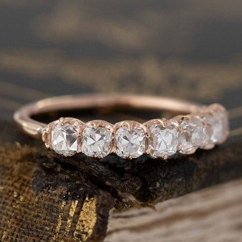 Historic style 1.11ctw Old Mine Cut Diamond 7-Stone Half-Hoop Band wedding band with Old Mine Cut Diamonds, unique heirloom in rose gold