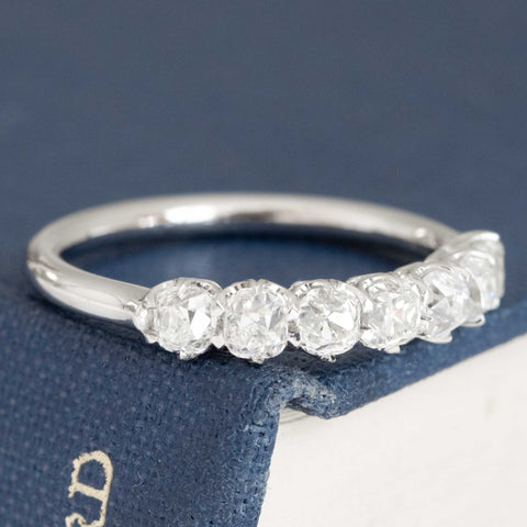 Historic style 1.11ctw Old Mine Cut Diamond 7-Stone Band wedding band with Old Mine Cut Diamonds, unique heirloom in platinum