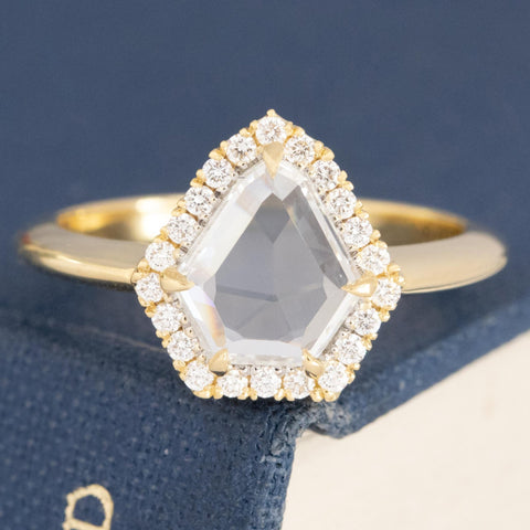 1.12ctw shield cut diamond halo ring, 1.01ct GIA G VS1 center, 18K yellow gold
